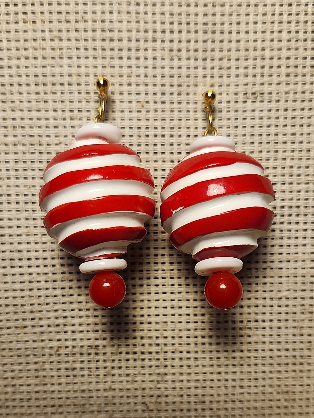 Red and White Striped Bead Drop Pierced Earrings